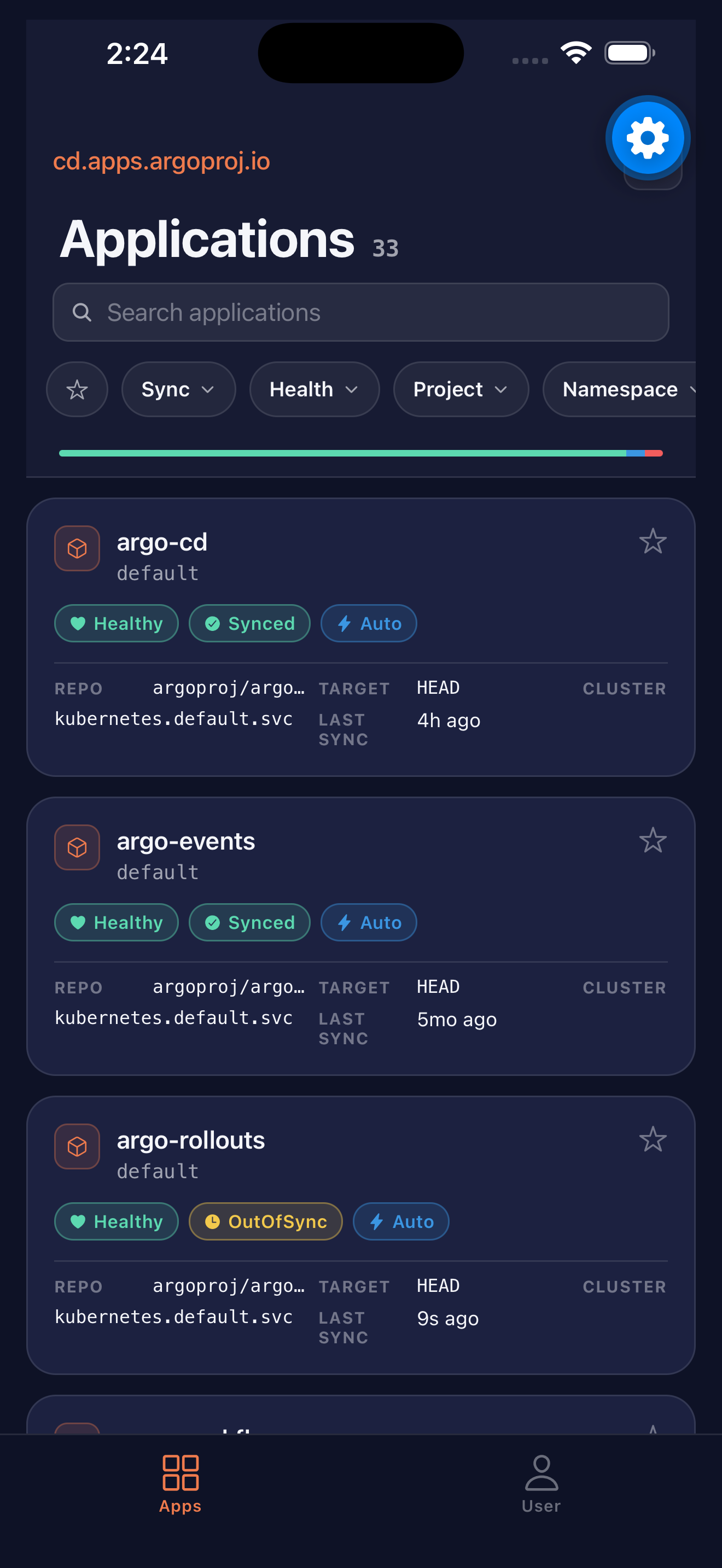 Dashboard For Argo CD app showing list of applications with sync status